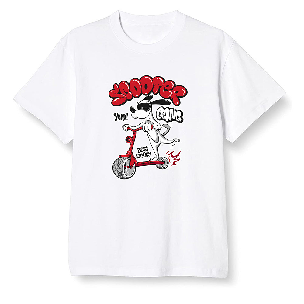 Pop Colour AJ1 Retro Low 'Hare' Grey Mist/University Red-Light Poison - Cartoon dog riding a scooter - White Men T-shirt