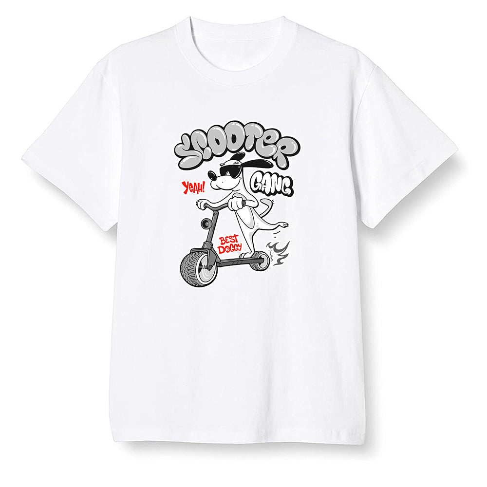 Pop Colour AJ1 Low GS Light Smoke Grey - Cartoon dog riding a scooter - White Men T-shirt