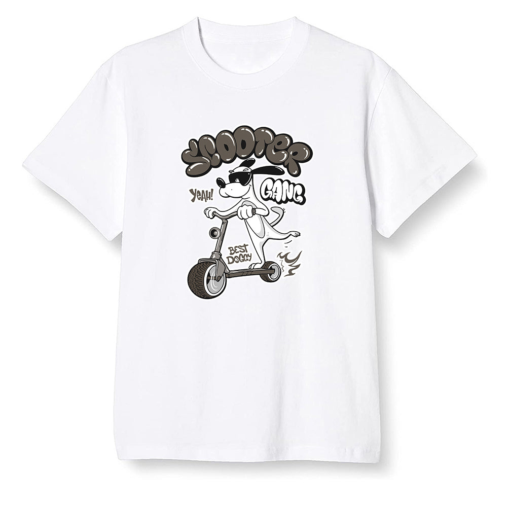 Pop Colour AJ1 Retro High Dark Mocha - Cartoon dog riding a scooter - White Men T-shirt
