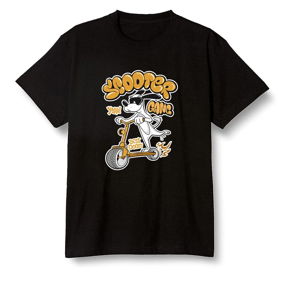 Pop Colour AJ1 Retro High OG Yellow Ochre - Cartoon dog riding a scooter - Black Men T-shirt