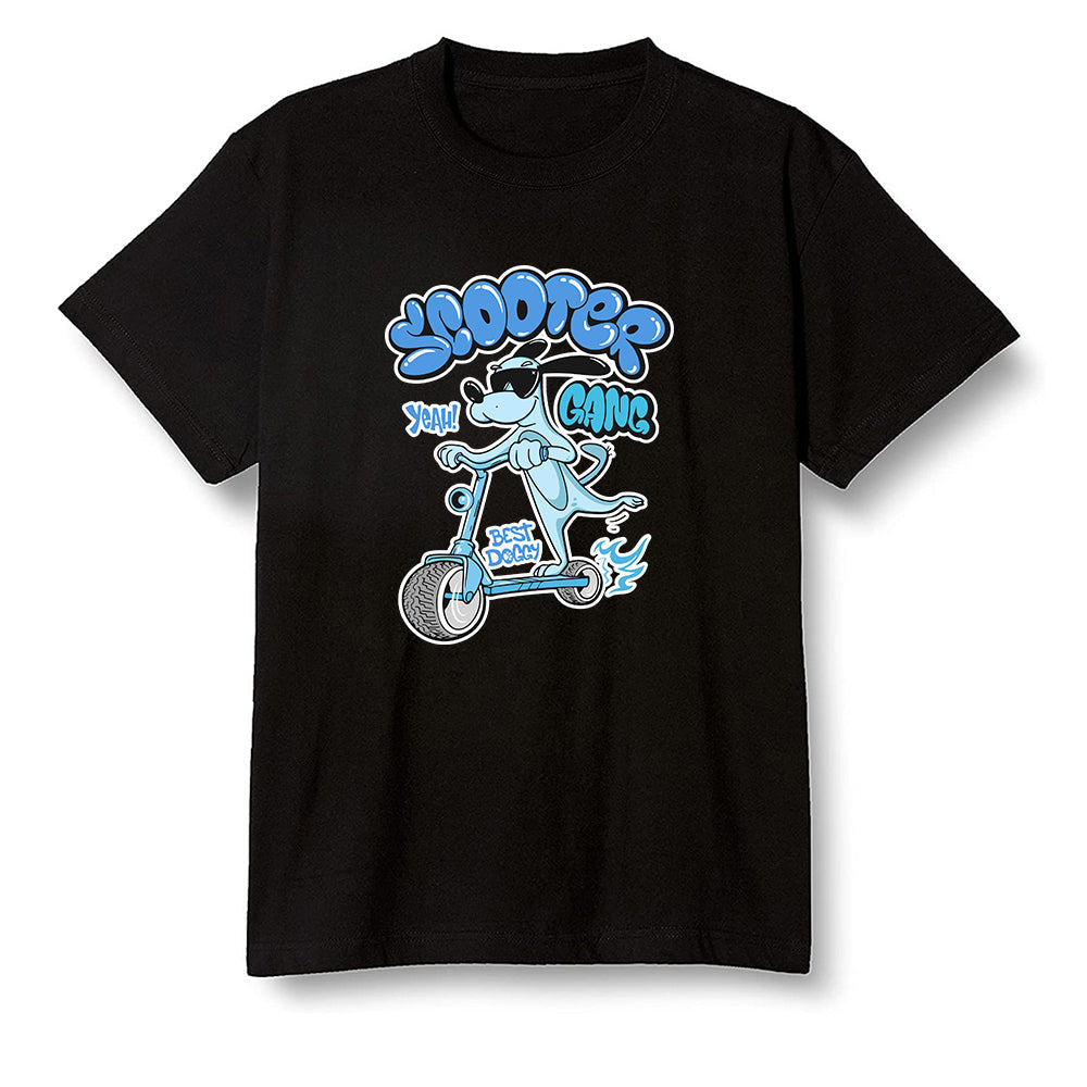 Pop Colour AJ1 Retro High OG University Blue - Cartoon dog riding a scooter - Black Men T-shirt