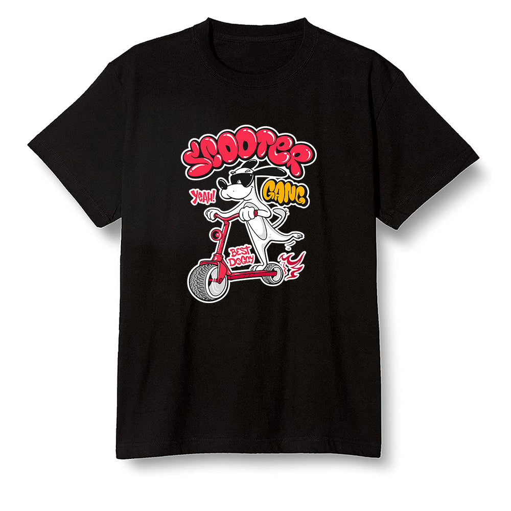 Pop Colour AJ1 Retro High OG Light Fusion Red - Cartoon dog riding a scooter - Black Men T-shirt