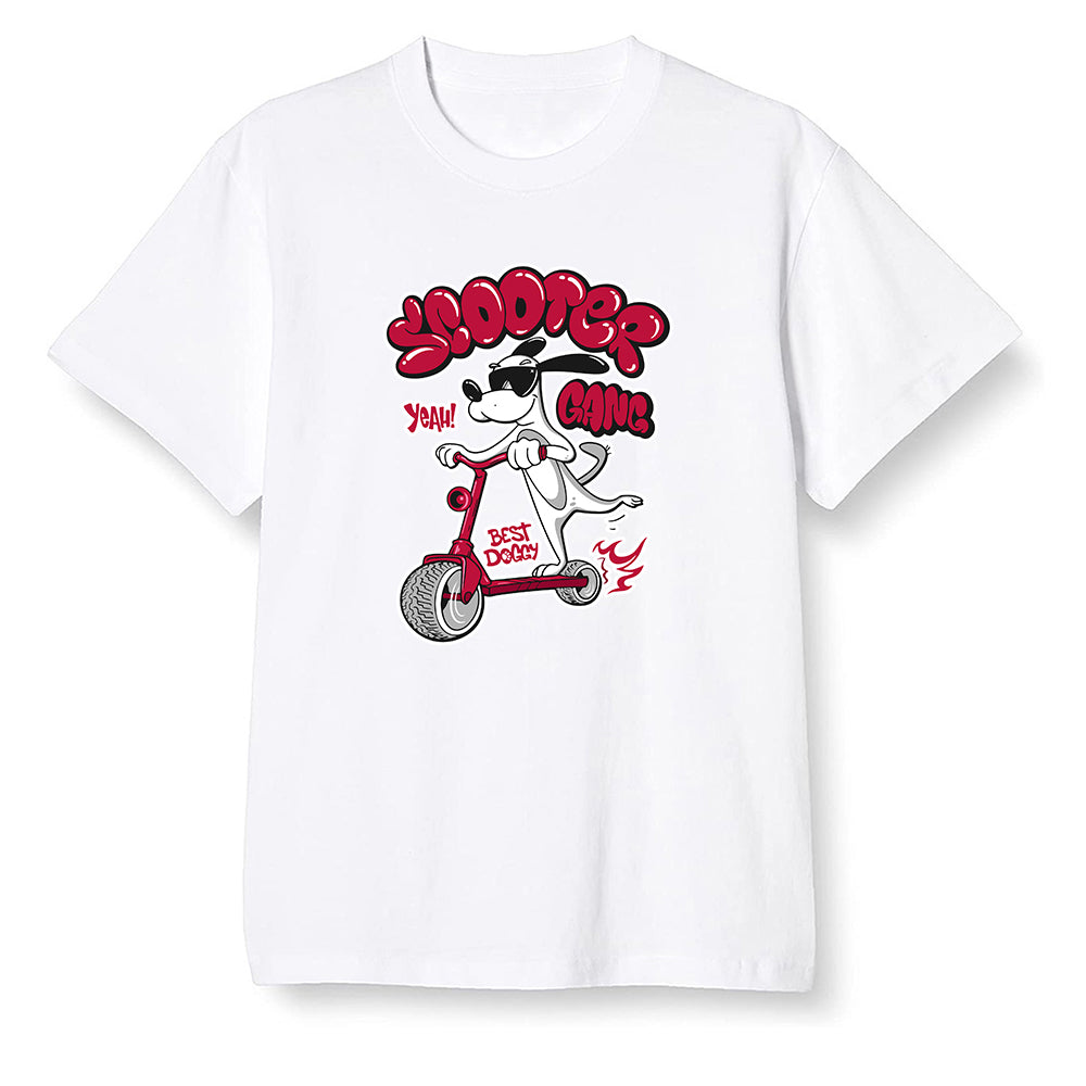 Pop Colour AJ13 Retro Gym Red Flint Grey - Cartoon dog riding a scooter - White Men T-shirt