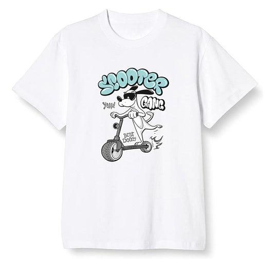 Pop Colour AJ1 Low Retro 'White' White/White-Metallic Silver - Cartoon dog riding a scooter - White Men T-shirt
