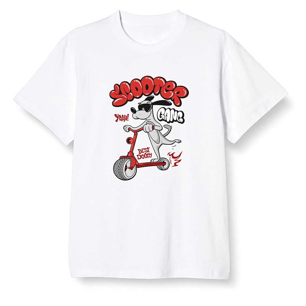 Pop Colour AJ1 Low Black Toe - Cartoon dog riding a scooter - White Men T-shirt