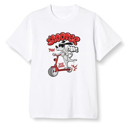 Pop Colour AJ1 Low Black Toe - Cartoon dog riding a scooter - White Men T-shirt