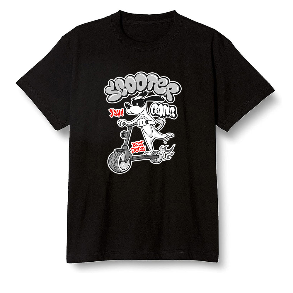 Pop Colour AJ1 Low GS Light Smoke Grey - Cartoon dog riding a scooter - Black Men T-shirt