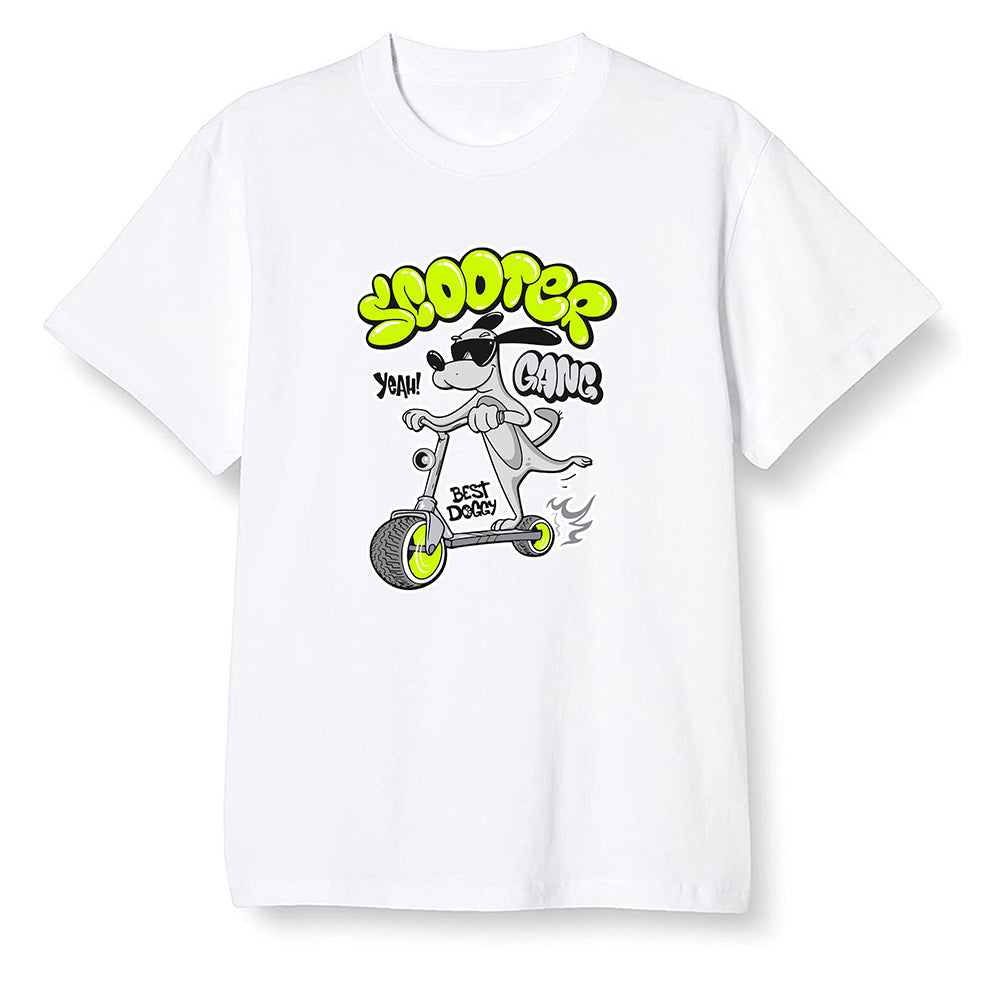 Pop Colour AJ1 Mid Grey Volt - Cartoon dog riding a scooter - White Men T-shirt