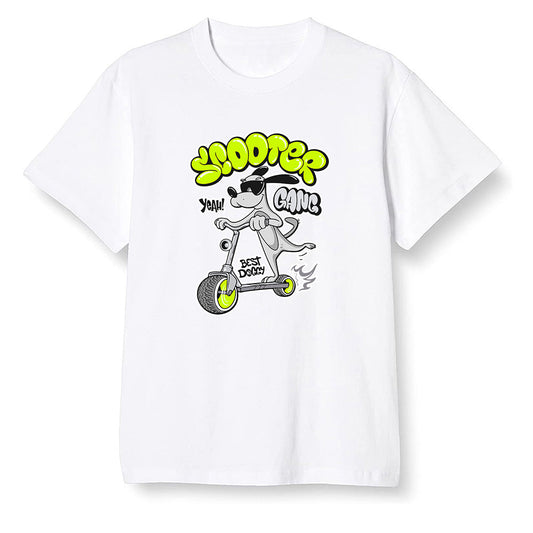 Pop Colour AJ1 Mid Grey Volt - Cartoon dog riding a scooter - White Men T-shirt