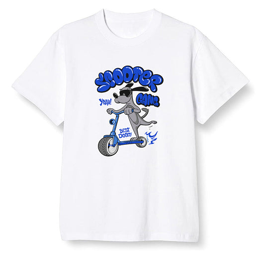 Pop Colour AJ1 Mid Hyper Royal - Cartoon dog riding a scooter - White Men T-shirt