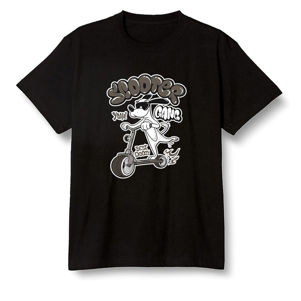 Pop Colour AJ1 Retro High Dark Mocha - Cartoon dog riding a scooter - Black Men T-shirt