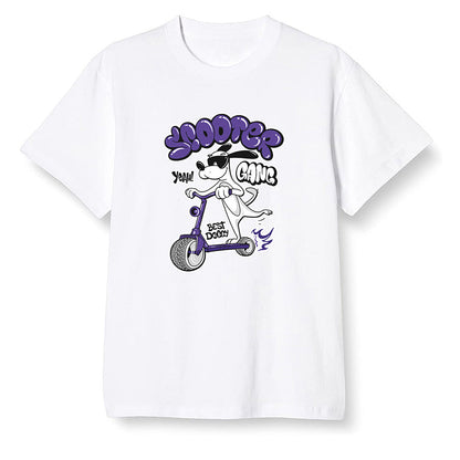 Pop Colour AJ1 Retro High OG Court Purple - Cartoon dog riding a scooter - White Men T-shirt