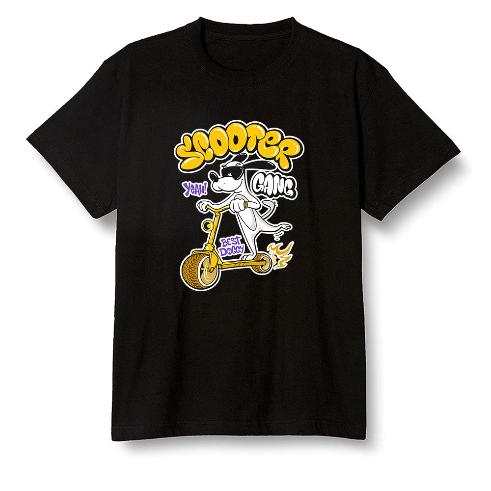 Pop Colour AJ1 Mid SE University Gold - Cartoon dog riding a scooter - Black Men T-shirt