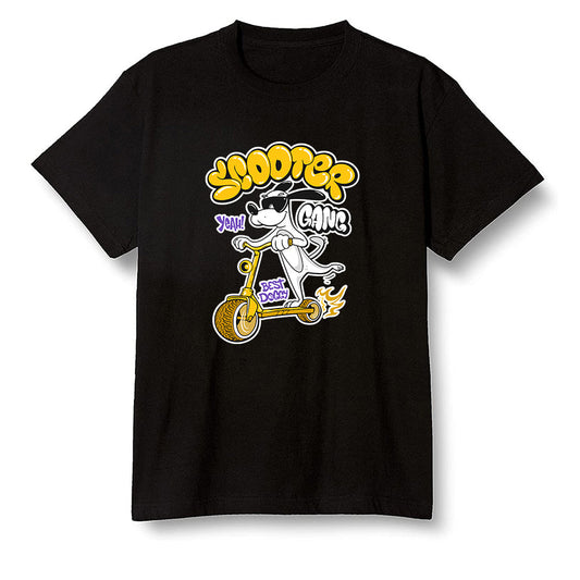 Pop Colour AJ1 Mid SE University Gold - Cartoon dog riding a scooter - Black Men T-shirt