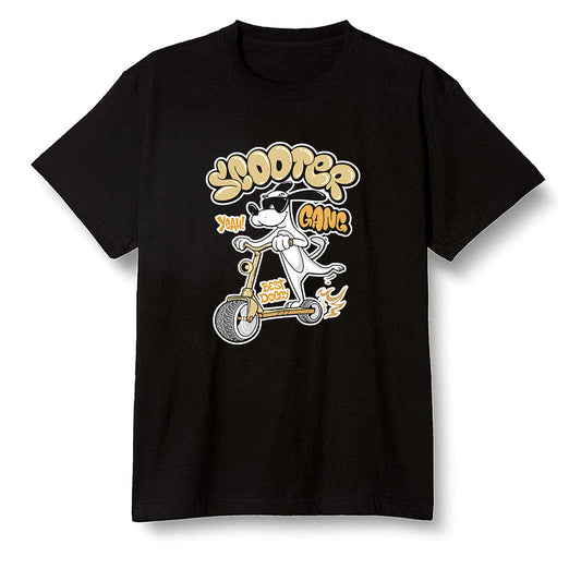 Pop Colour AJ1 Retro High OG NRG Gold TOE - Cartoon dog riding a scooter - Black Men T-shirt
