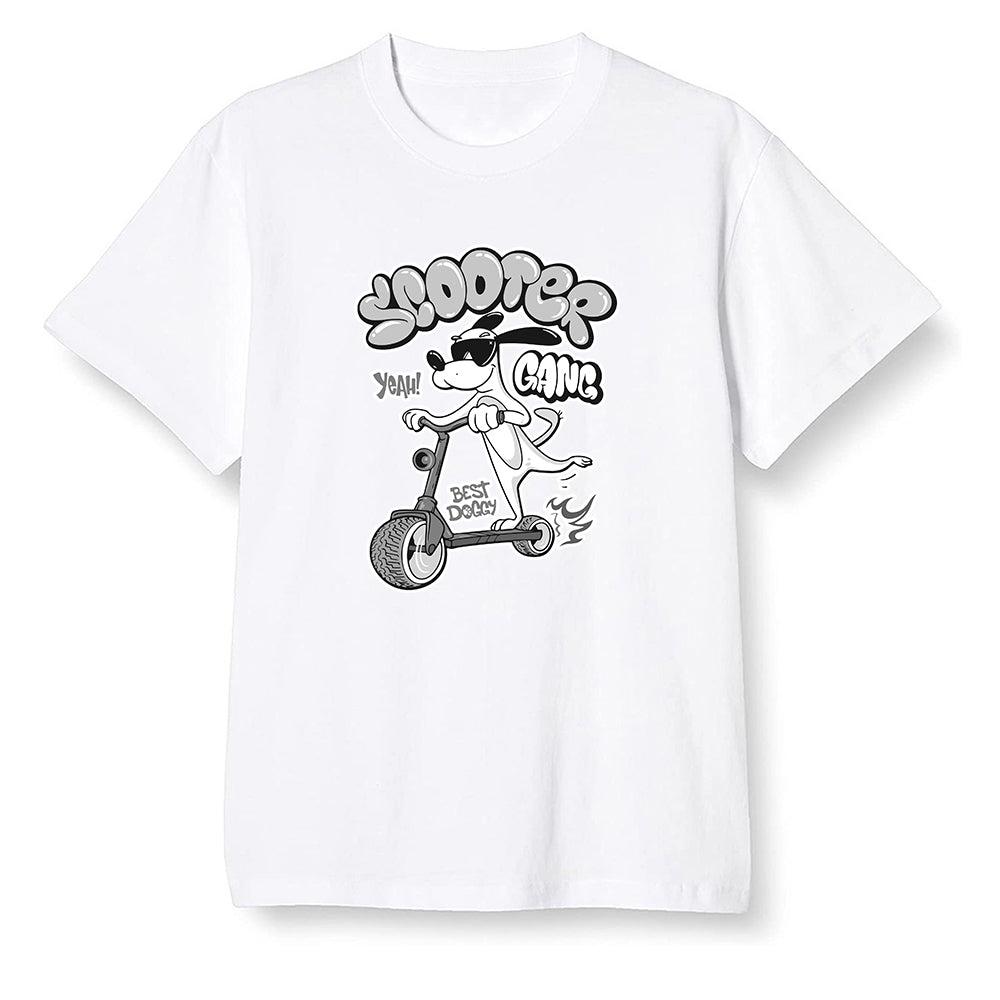 Pop Colour AJ1 High OG Silver TOE - Cartoon dog riding a scooter - White Men T-shirt