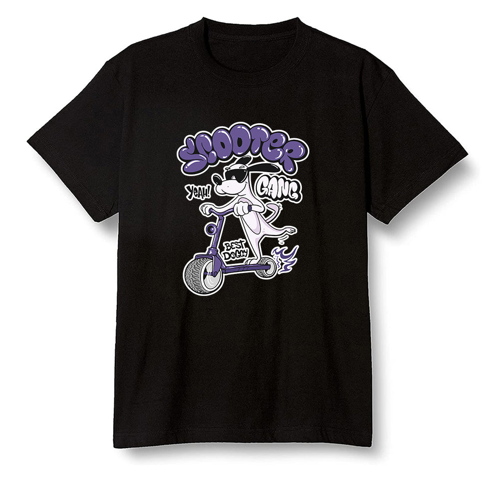Pop Colour AJ1 High OG Court Purple - Cartoon dog riding a scooter - Black Men T-shirt