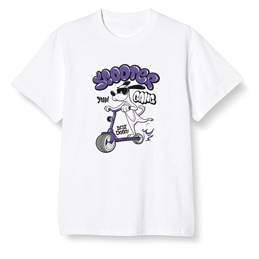 Pop Colour AJ1 High OG Court Purple - Cartoon dog riding a scooter - White Men T-shirt
