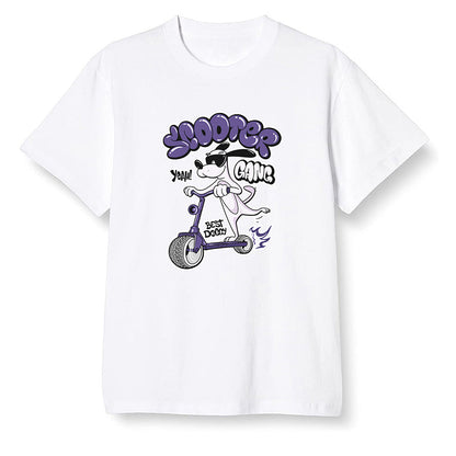 Pop Colour AJ1 High OG Court Purple - Cartoon dog riding a scooter - White Men T-shirt