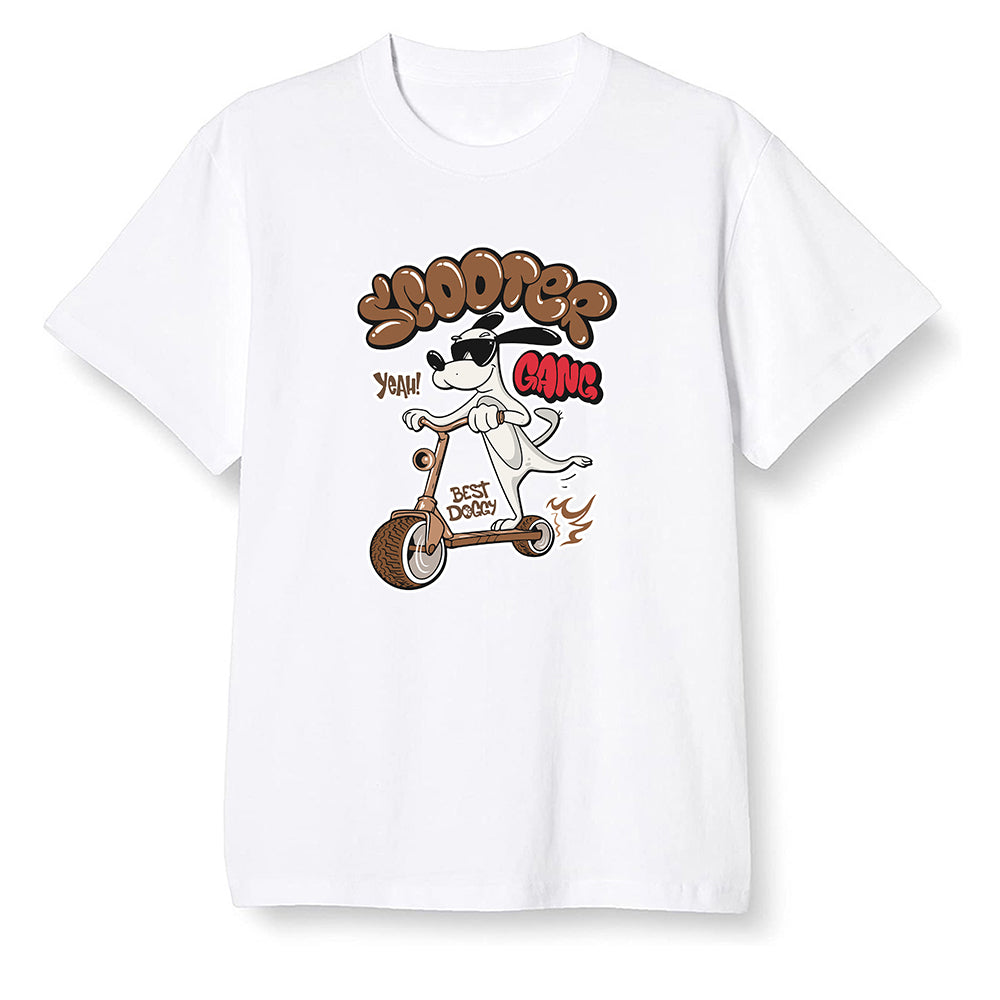 Pop Colour AJ1 High OG TS SP Travis Scott - Mocha - Cartoon dog riding a scooter - White Men T-shirt
