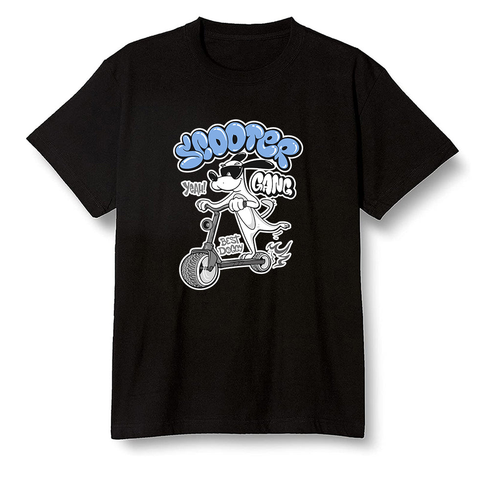 Pop Colour AJ1 Low Wolf Grey/Sail/Photon Dust/White - Cartoon dog riding a scooter - Black Men T-shirt