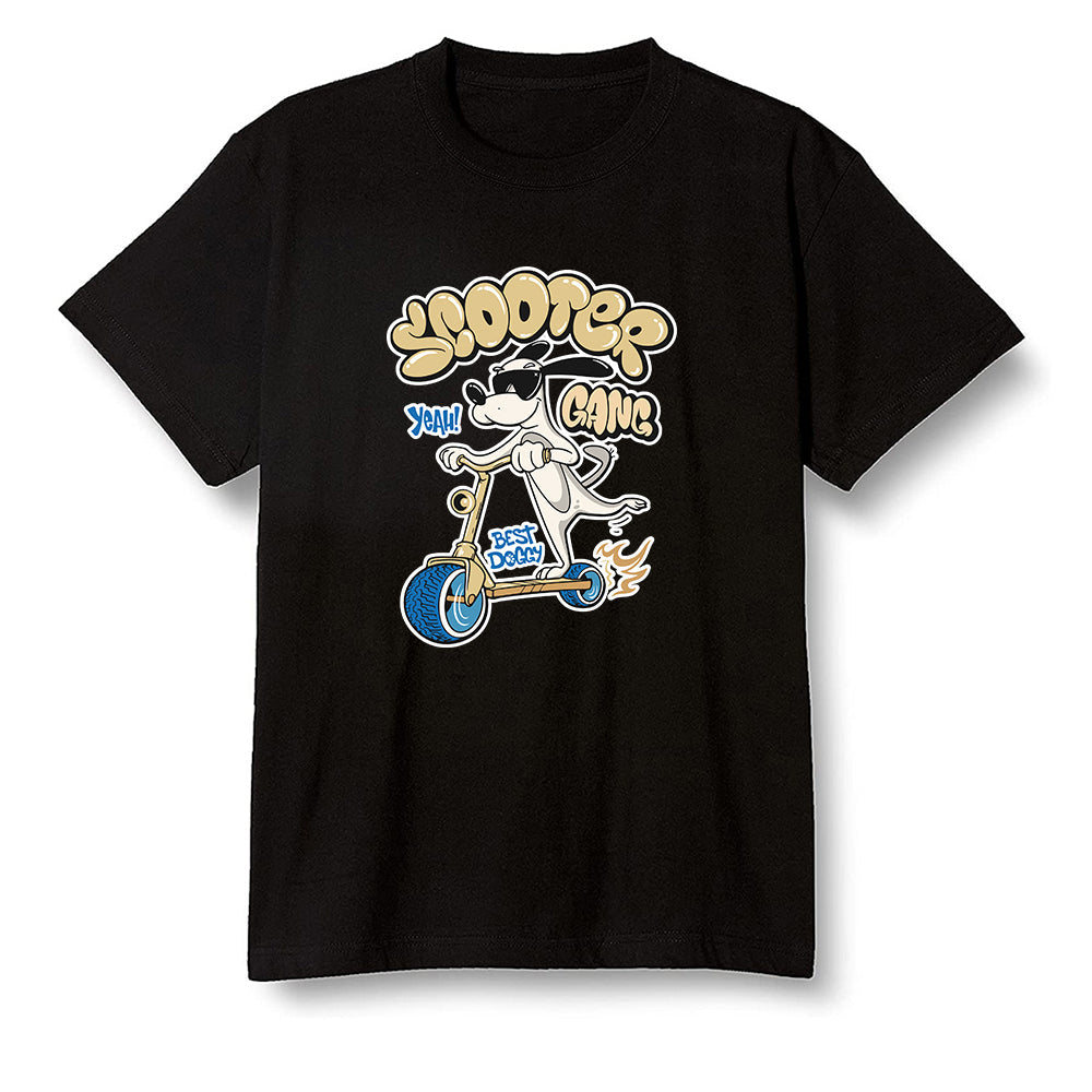 Pop Colour AJ1 Low Travis Scott X Fragment - Cartoon dog riding a scooter - Black Men T-shirt