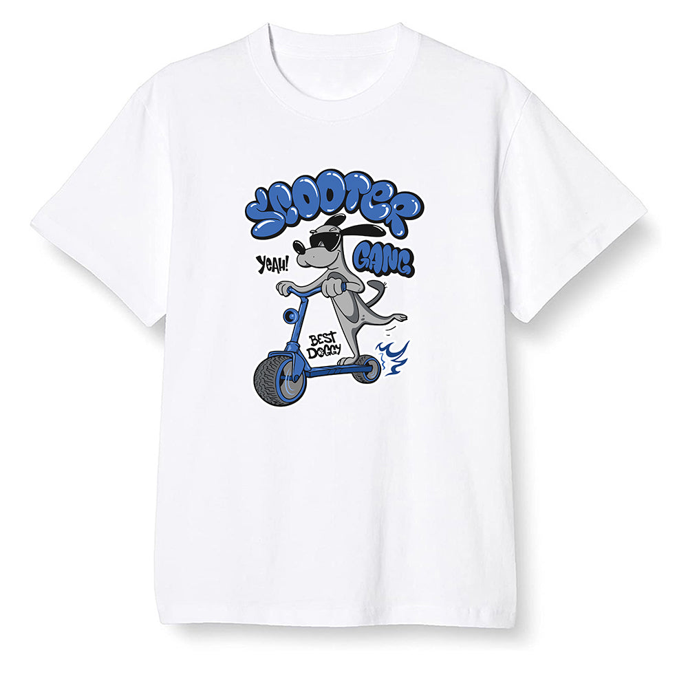 Pop Colour AJ13 Retro Black Royal - Cartoon dog riding a scooter - White Men T-shirt