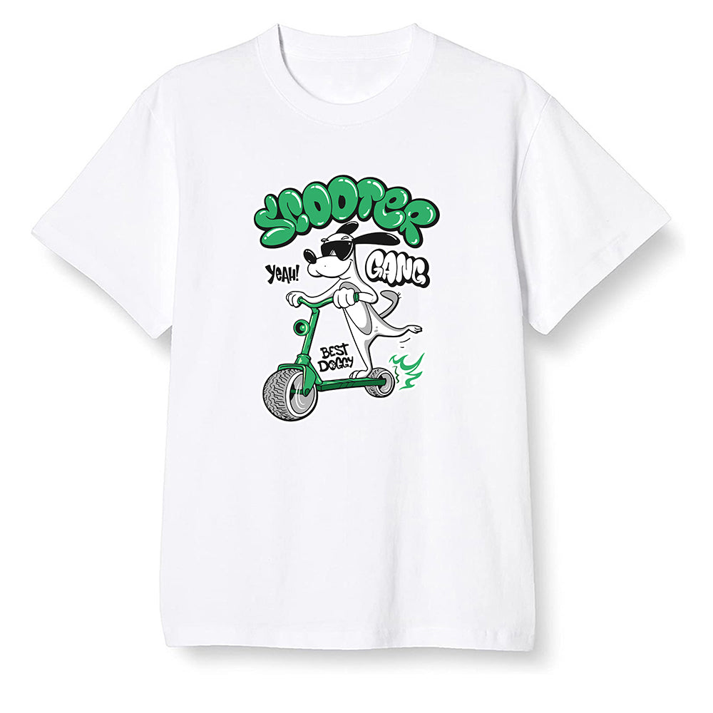 Pop Colour AJ13 Retro 'Lucky Green' - Cartoon dog riding a scooter - White Men T-shirt