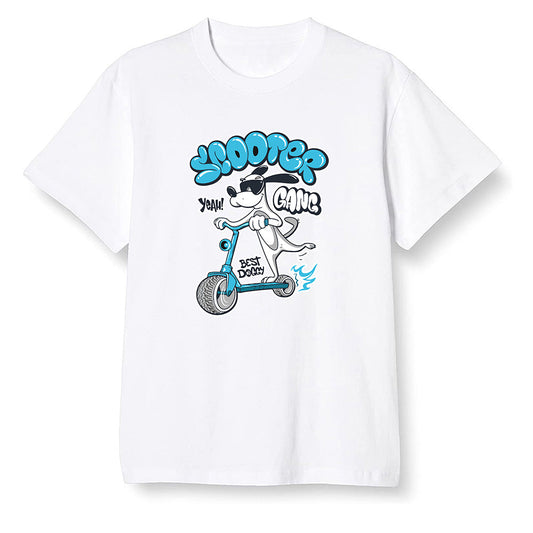 Pop Colour AJ13 Retro Obsidian Powder Blue - Cartoon dog riding a scooter - White Men T-shirt
