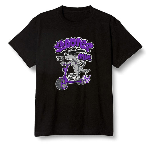 Pop Colour AJ13 Retro Court Purple - Cartoon dog riding a scooter - Black Men T-shirt