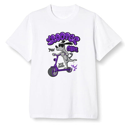 Pop Colour AJ13 Retro Court Purple - Cartoon dog riding a scooter - White Men T-shirt