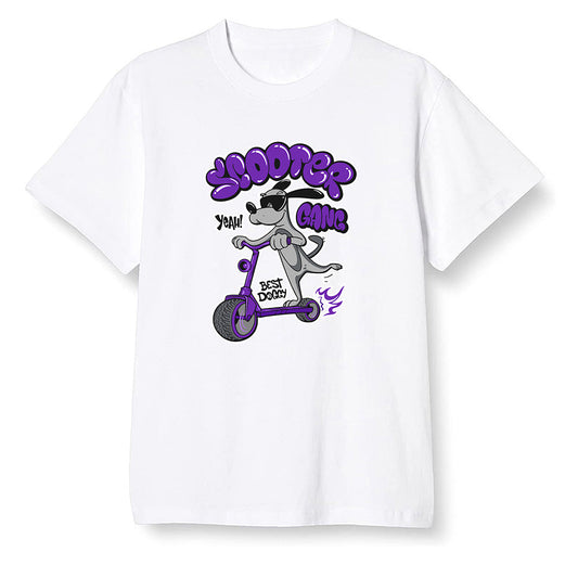 Pop Colour AJ13 Retro Court Purple - Cartoon dog riding a scooter - White Men T-shirt