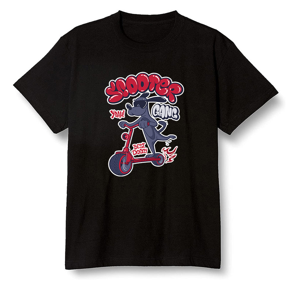 Pop Colour AJ6 Retro 'Doernbecher' 2019 Midnight Navy/White-Varsity Red-Metallic Gold - Cartoon dog riding a scooter - Black Men T-shirt