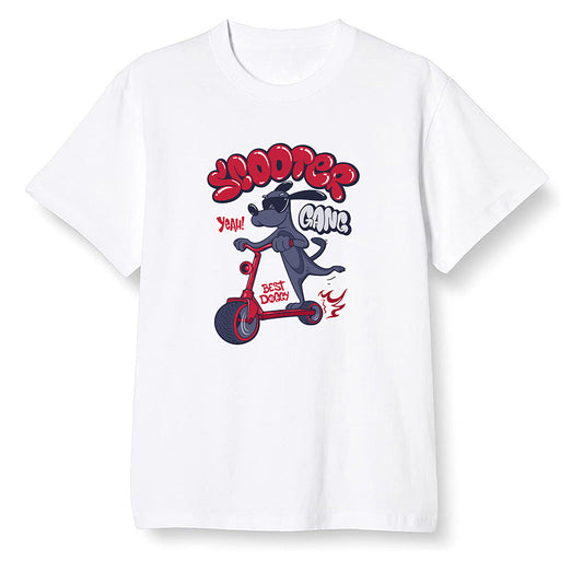 Pop Colour AJ6 Retro 'Doernbecher' 2019 Midnight Navy/White-Varsity Red-Metallic Gold - Cartoon dog riding a scooter - White Men T-shirt