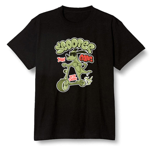 Pop Colour AJ6 Retro SP Travis Scott - Medium Olive - Cartoon dog riding a scooter - Black Men T-shirt