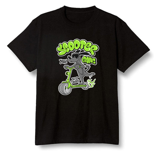 Pop Colour AJ6 Retro Electric Green - Cartoon dog riding a scooter - Black Men T-shirt
