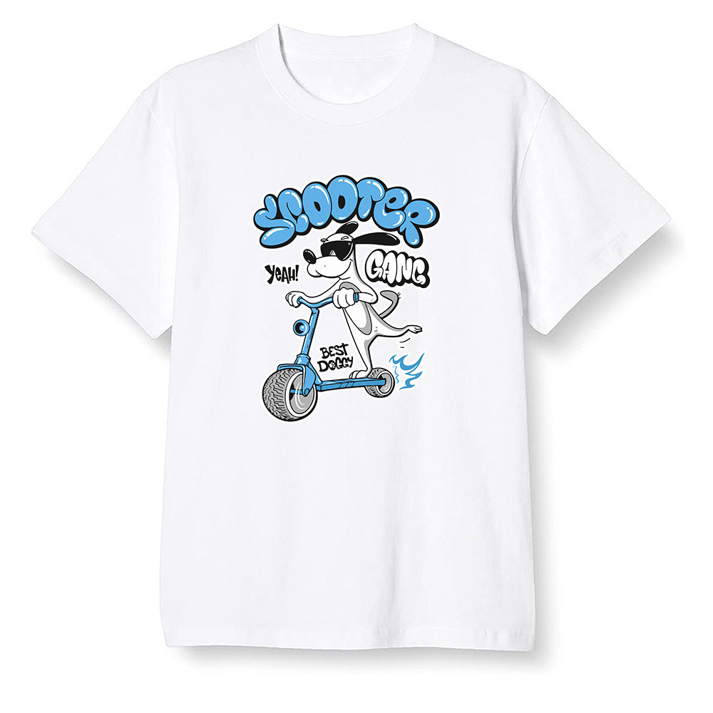 Pop Colour AJ6 UNC White - Cartoon dog riding a scooter - White Men T-shirt