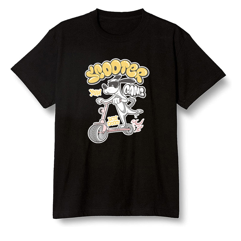 Pop Colour AJ6 Retro Gold Hoops - Cartoon dog riding a scooter - Black Men T-shirt