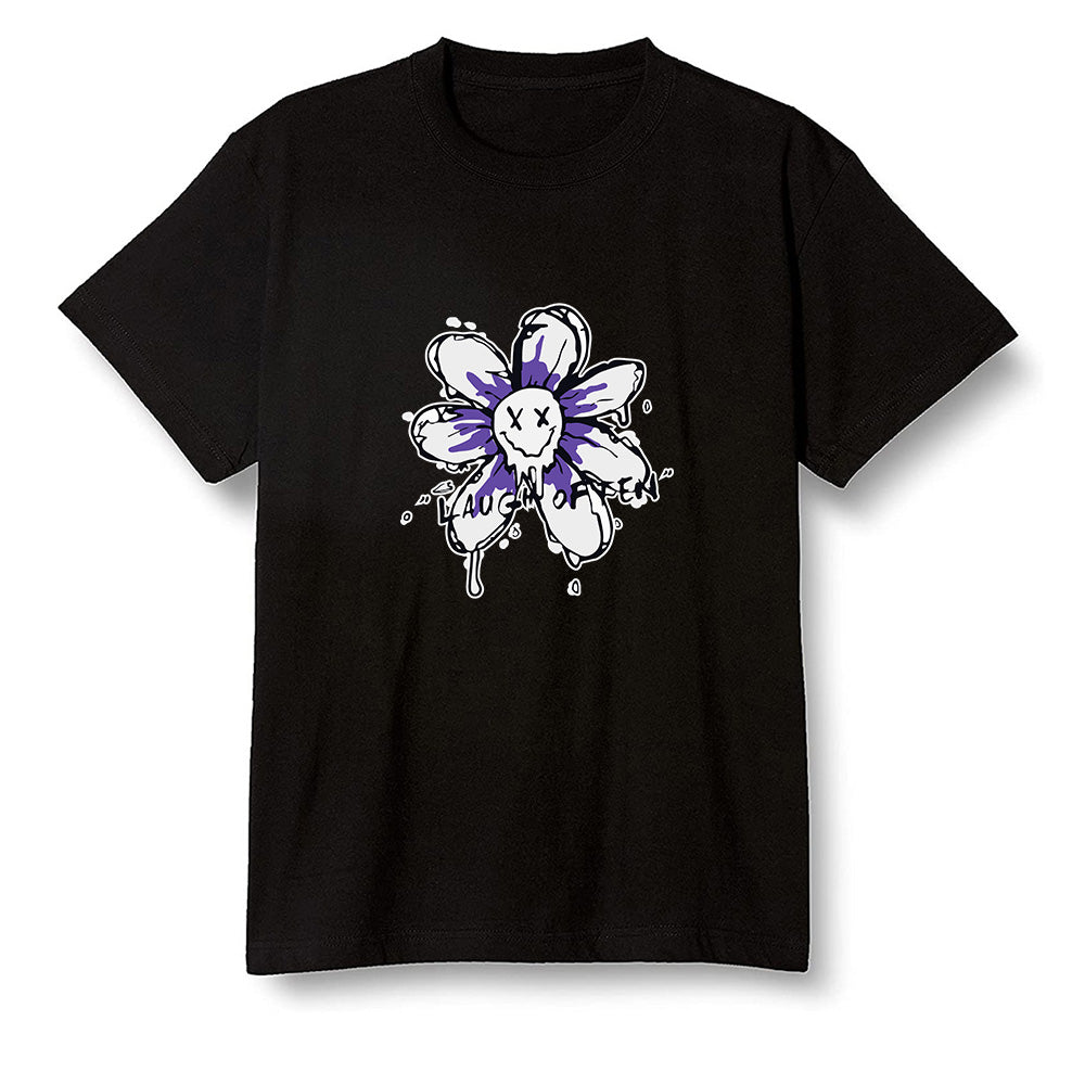 Pop Colour AJ1 High OG Court Purple - Smiling flower - Black Men T-shirt